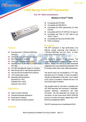 FTM-3012C-SL20G datasheet - 1.25G Spring-Latch SFP Transceiver