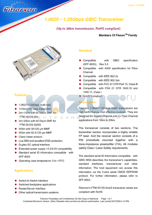 FTM-3012S-G20G datasheet - 1.06251.25Gbps GBIC Transceiver