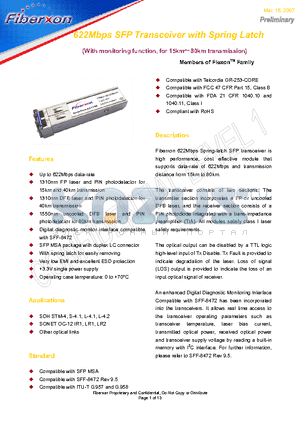 FTM-3106C-SL15G datasheet - 622Mbps SFP Transceiver with Spring Latch