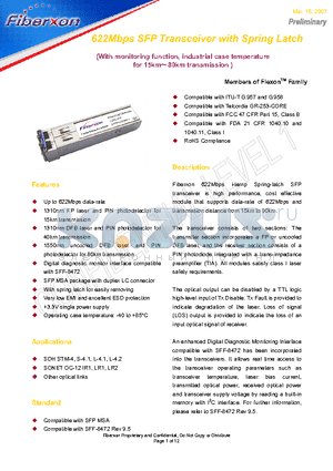 FTM-3106C-SL15IG datasheet - 622Mbps SFP Transceiver with Spring Latch