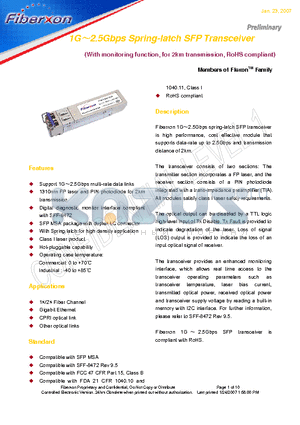 FTM-3127C-SL2G datasheet - 1G2.5Gbps Spring-latch SFP Transceiver