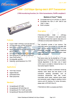 FTM-3128C-SL15BG datasheet - 155M2.67Gbps Spring-latch SFP Transceiver