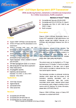 FTM-3128C-SL15EG datasheet - 155M2.67Gbps Spring-latch SFP Transceiver