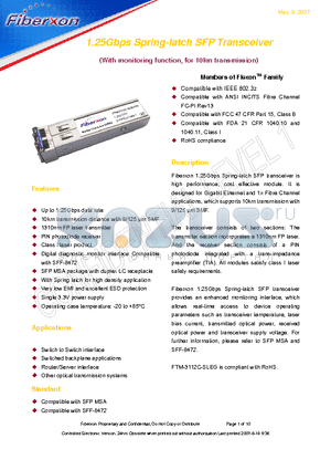 FTM-3112C-SLEG datasheet - 1.25Gbps Spring-latch SFP Transceiver