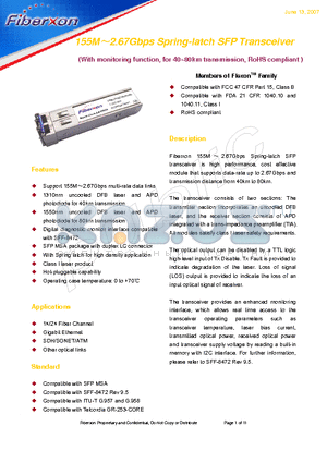 FTM-3128C-SL40G datasheet - 155M2.67Gbps Spring-latch SFP Transceiver