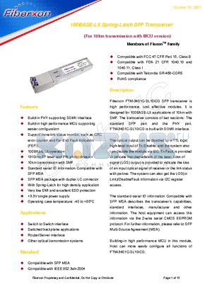 FTM-3401C-SL10ICG datasheet - 100BASE-LX Spring-Latch SFP Transceiver