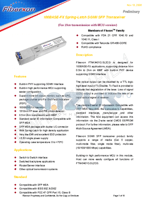 FTM-3401C-SL2CG datasheet - 100BASE-FX Spring-Latch SGMII SFP Transceiver