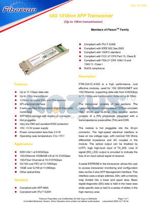 FTM-33X1C-X10G datasheet - 10G 1310nm XFP Transceiver