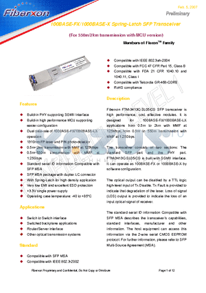 FTM-3413C-SL05ICG datasheet - 100BASE-FX/1000BASE-X Spring-Latch SFP Transceiver