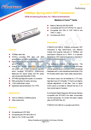 FTM-6101C-SL13051G datasheet - 155Mbps Spring-latch SFP Transceiver