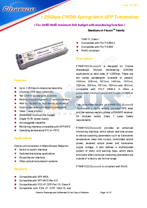 FTM-6112C-SL10043G datasheet - 1.25Gbps CWDM Spring-latch SFP Transceiver