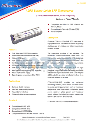 FTM-5112C-SL120G datasheet - 1.25G Spring-Latch SFP Transceiver