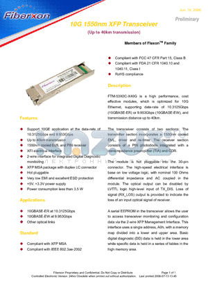 FTM-53X0C-X40EG datasheet - 10G 1550nm XFP Transceiver