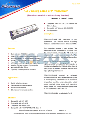 FTM-5112C-SL80IG datasheet - 1.25G Spring-Latch SFP Transceiver