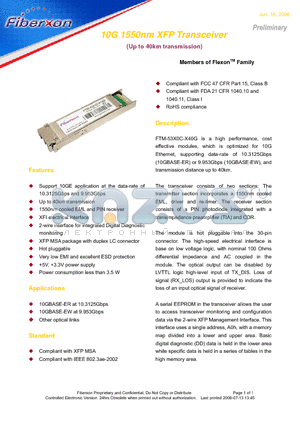 FTM-53X0C-X40G datasheet - 10G 1550nm XFP Transceiver