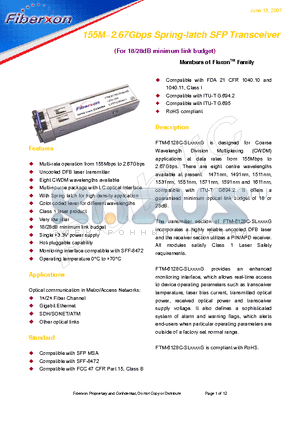 FTM-6128C-SL5051G datasheet - 155M~2.67Gbps Spring-latch SFP Transceiver