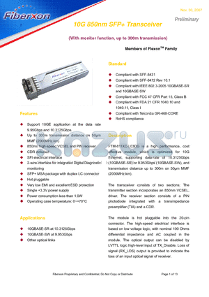 FTM-811XC-L03DG datasheet - 10G 850nm SFP Transceiver