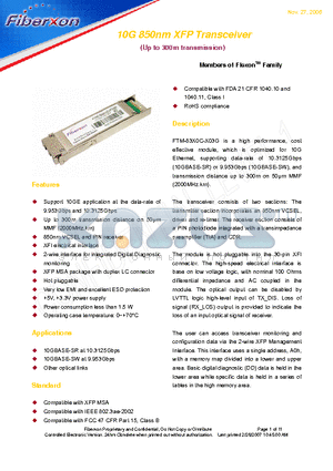FTM-83X0C-X03G datasheet - 10G 850nm XFP Transceiver