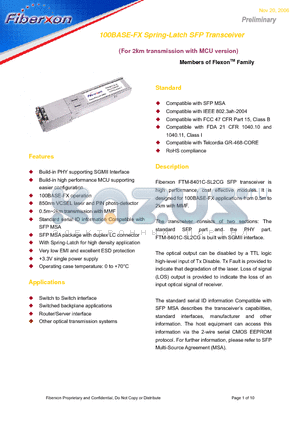 FTM-8401C-SL2CG datasheet - 100BASE-FX Spring-Latch SFP Transceiver