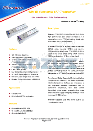 FTM-9301C-SL20G datasheet - 155M Bi-directional SFP Transceiver