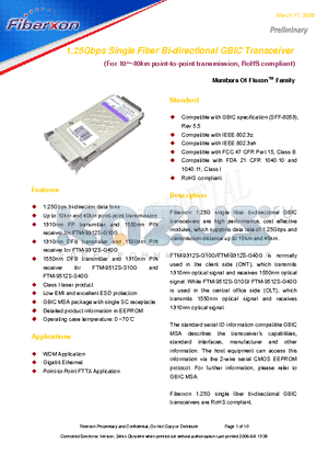 FTM-9312S-G10G datasheet - 1.25Gbps Single Fiber Bi-directional GBIC Transceiver