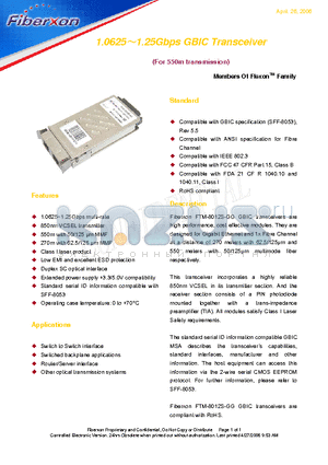 FTM-8012S-GG datasheet - 1.06251.25Gbps GBIC Transceiver