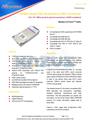 FTM-9312S-G40G datasheet - 1.25Gbps Single Fiber Bi-directional GBIC Transceiver