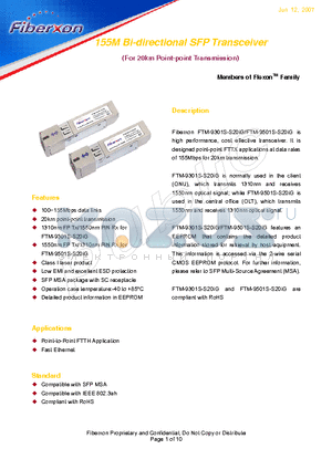 FTM-9301S-S20IG datasheet - 155M Bi-directional SFP Transceiver