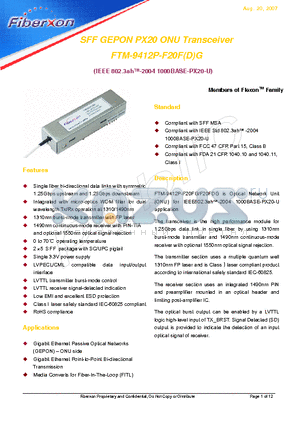 FTM-9412P-F20FG datasheet - SFF GEPON PX20 ONU Transceiver