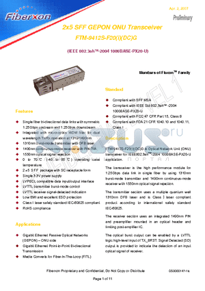FTM-9412S-F20IDCG datasheet - 2x5 SFF GEPON ONU Transceiver FTM-9412S-F20(i)(DC)G