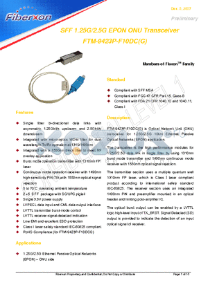 FTM-9423P-F10DC datasheet - SFF 1.25G/2.5G EPON ONU Transceiver