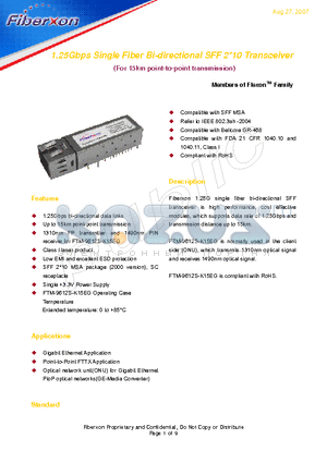 FTM-9612S-K15EG datasheet - 1.25Gbps Single Fiber Bi-directional SFF 2*10 Transceiver