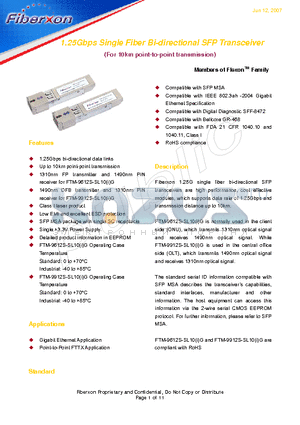 FTM-9912S-SL10G datasheet - 1.25Gbps Single Fiber Bi-directional SFP Transceiver