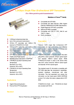 FTM-9912C-SL10G datasheet - 1.25Gbps Single Fiber Bi-directional SFP Transceiver