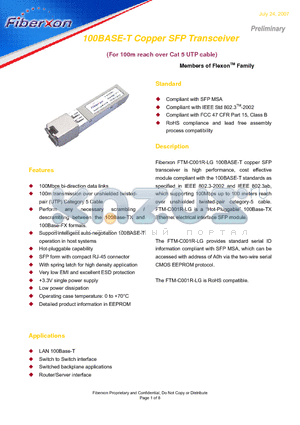 FTM-C001R-LG datasheet - 100BASE-T Copper SFP Transceiver