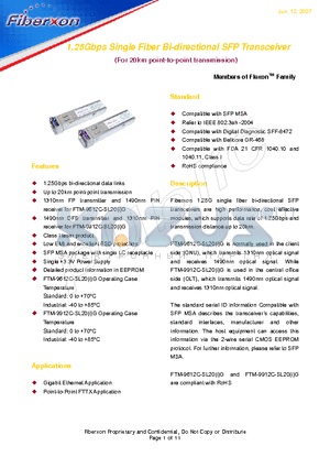 FTM-9912C-SL20G datasheet - 1.25Gbps Single Fiber Bi-directional SFP Transceiver