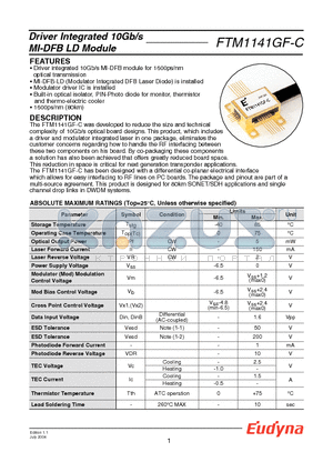 FTM1141GF-C datasheet - Driver Integrated 10Gb/s MI-DFB LD Module