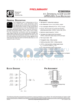 853054AG datasheet - 4:1, DIFFERENTIAL-TO-3.3V OR 2.5V LVPECL/ECL CLOCK MULTIPLEXER