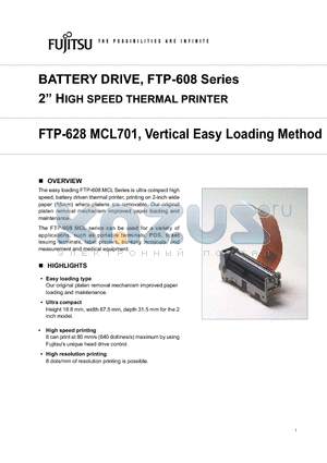 FTP-628MCL701 datasheet - BATTERY DRIVER, FTP-608 Series(2inch high speed thermal printer) - Vertical Easy Loading Method