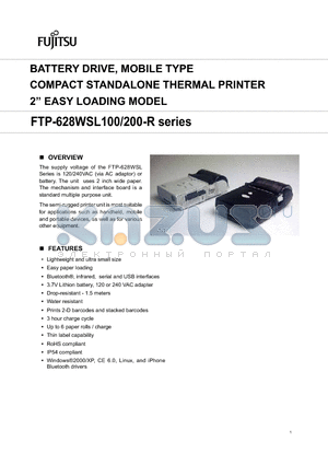 FTP-628WSL100 datasheet - Battery drive, MOBILE type Compact standalone thermal printer 2 easy loading model