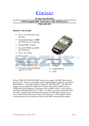 FTR-1619-51 datasheet - WDM Gigabit GBIC Transceiver with APD Receiver