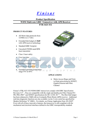 FTR-1621-51 datasheet - WDM Multi-rate GBIC Transceiver with APD Receiver