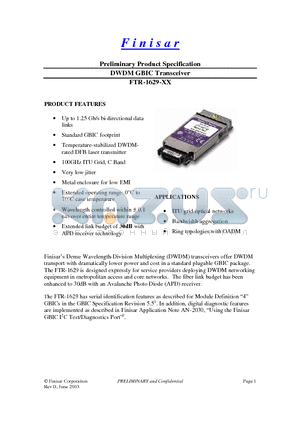 FTR-1629-17 datasheet - DWDM GBIC Transceiver