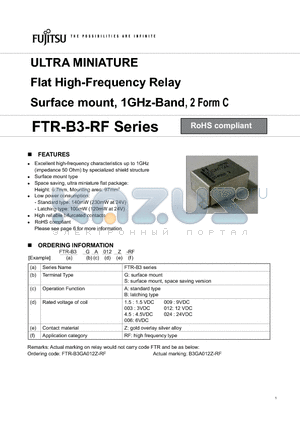 FTR-B3GA012Z-RF datasheet - ULTRA MINIATURE Flat High-Frequency Relay Surface mount, 1GHz-Band, 2 Form C