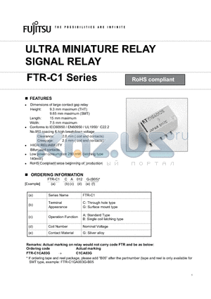 FTR-C1CA012G datasheet - ULTRA MINIATURE RELAY SIGNAL RELAY