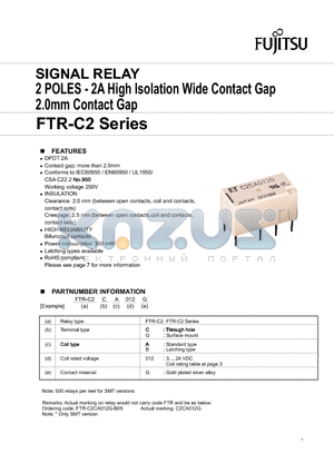 FTR-C2CA012G datasheet - SIGNAL RELAY 2 POLES - 2A High Isolation Wide Contact Gap 2.0mm Contact Gap