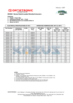DR366-1-152 datasheet - Radial Leaded Shielded Inductors