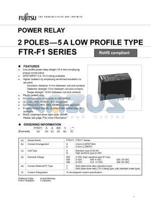 FTR-F1AD009T datasheet - POWER RELAY 2 POLES- 5A LOW PROFILE TYPE