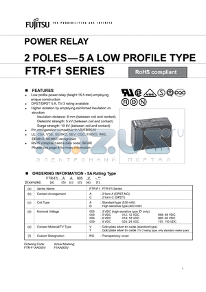 FTR-F1CA060V datasheet - POWER RELAY 2 POLES-5 A LOW PROFILE TYPE