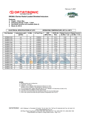 DR366-2-103 datasheet - Radial Leaded Shielded Inductors